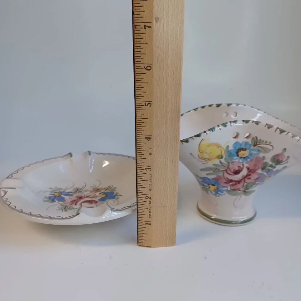 Vintage Ulmer Keramik Basket and Dish Hand Painted Floral Pottery Missing Handle